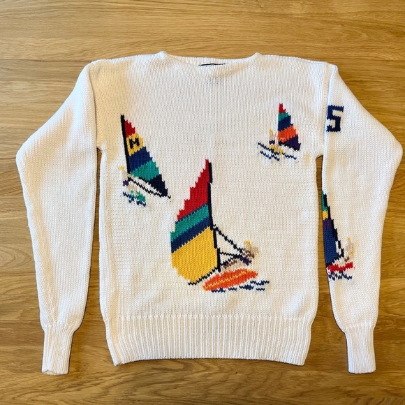 80s Vintage POLO RALPH LAUREN Sweater Sailboat Windsurfer Nautical Womens Sm 16 - Picture 1 of 12